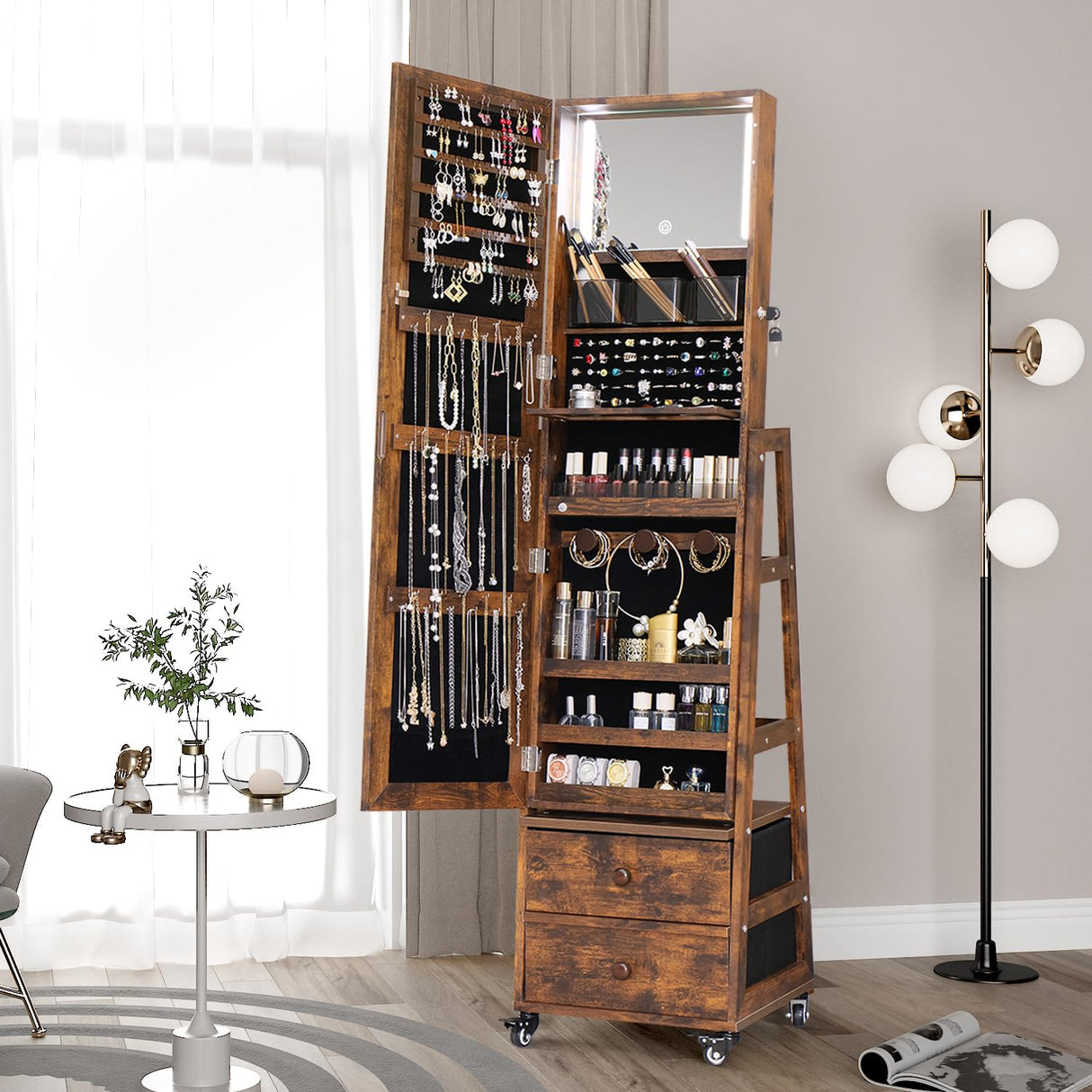MASMIRE Rotating Jewelry Cabinet with Vanity Mirror,Full Length Mirror with Storage Mirror Jewelry Armoire Standing with LED Lights Lockable Jewelry Organizer Wheels Rustic Brown MASMIRE