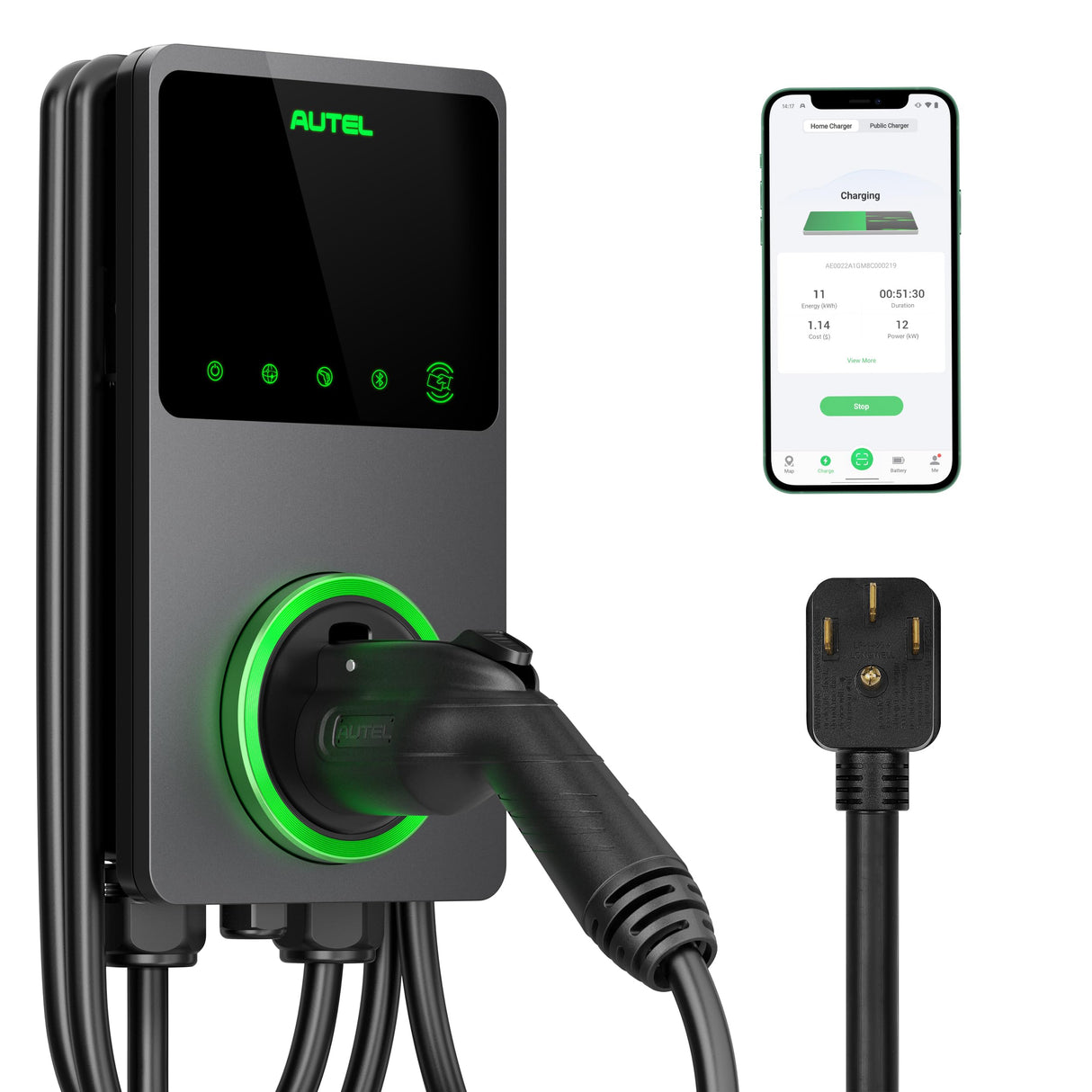 Autel MaxiCharger Home Smart AI Electric Vehicle (EV) Charger, 40 Amp Level 2 Wi-Fi and Bluetooth Enabled EVSE, Indoor/Outdoor Car Charging Station, with in-Body Holster and 25-Foot Cable(14-50 Plug) Autel