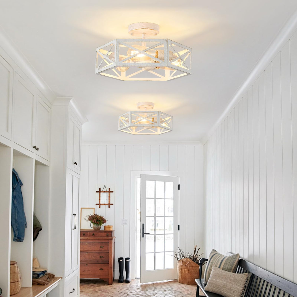 XSDeTu 3-Light Flush Mount Ceiling Light Fixture, Modern Close to Ceiling Light with White Metal Hexagon Cage, Farmhouse Ceiling Light for Bedroom, Hallway, Entry, Foyer, Kitchen XSDeTu