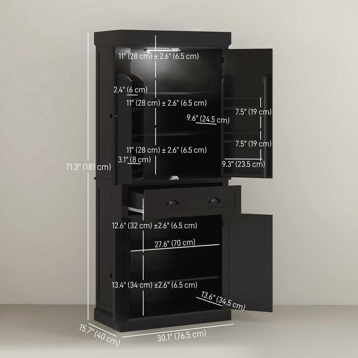 HOMCOM 71" Kitchen Pantry Cabinet with LED Motion Sensor Light, Tall Storage Cabinet with 6 Door Shelves, Drawer & Adjustable Shelves, for Living & Dining Room, Black HOMCOM