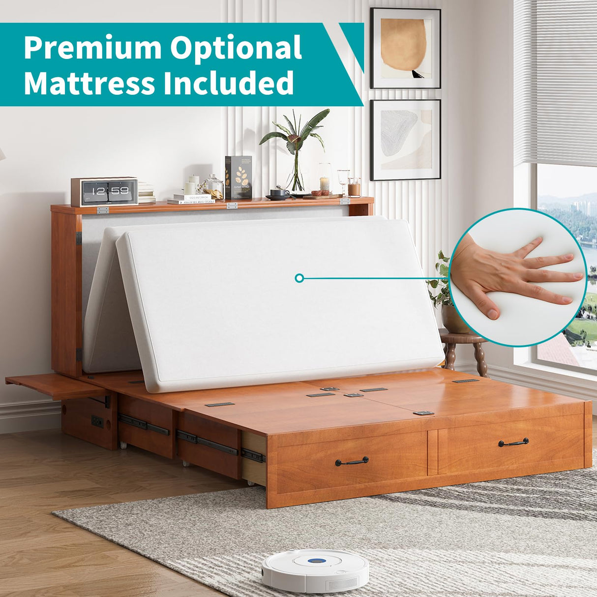 BALUS Queen Murphy Bed, Cabinet Bed with Built-in USB Ports & 2Storage Drawers, Space-Saving Modern Murphy Beds Cabinet Guest Beds with Tri-fold Mattress for Office, Easily Convertible - Cherry BALUS