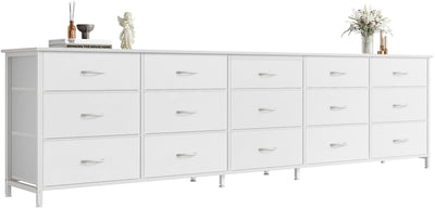 Huuger 78.7 inch Long Dresser for Bedroom, 15 Drawer Fabric Dresser for Closet, Large TV Stand for 65, 75, 85 inch TV, Wide Chest of Drawer with Storage, 78.7" W x 12.9" D x 26.7" H, White