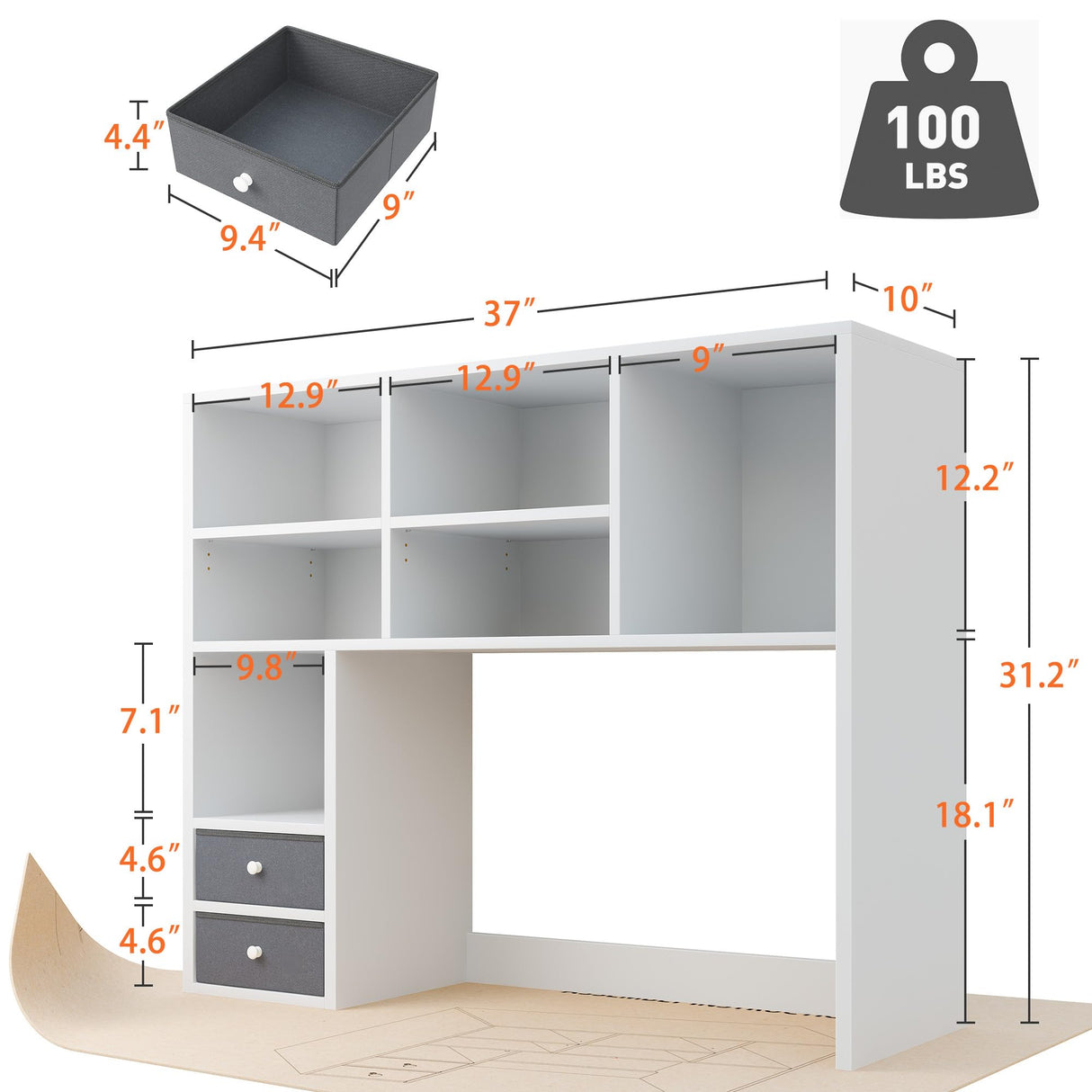 REIBII High-Capacity Desktop Bookshelf with 8 Shelves and 2 Drawers - Adjustable Desk Organizer in White REIBII