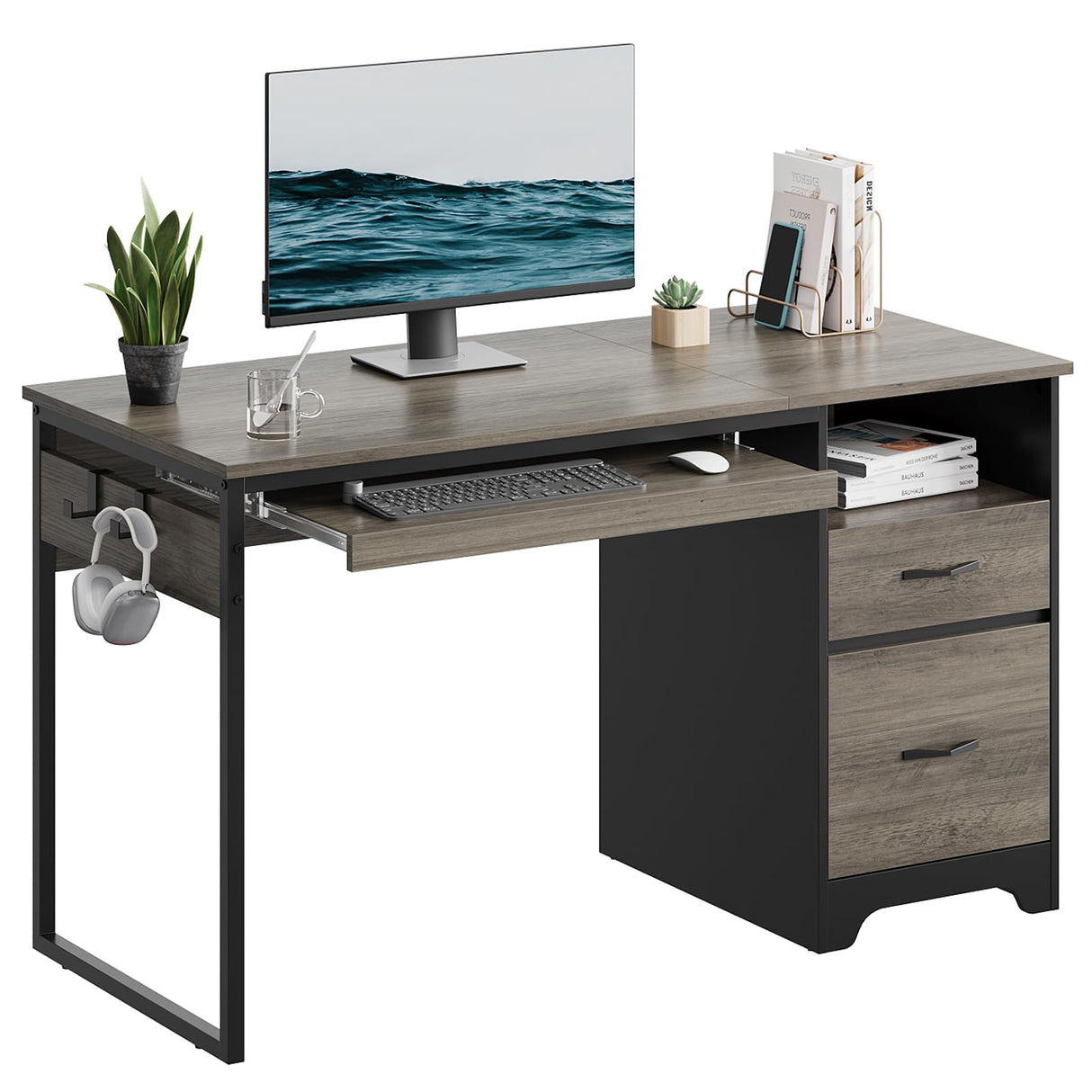 Bestier 48” Computer Desk with Drawers, Office Desk with Storage, Industrial Wood Writing Desk with File Drawer, Keyboard Tray & 2 Hooks for Home Office & Studio, Gray Bestier