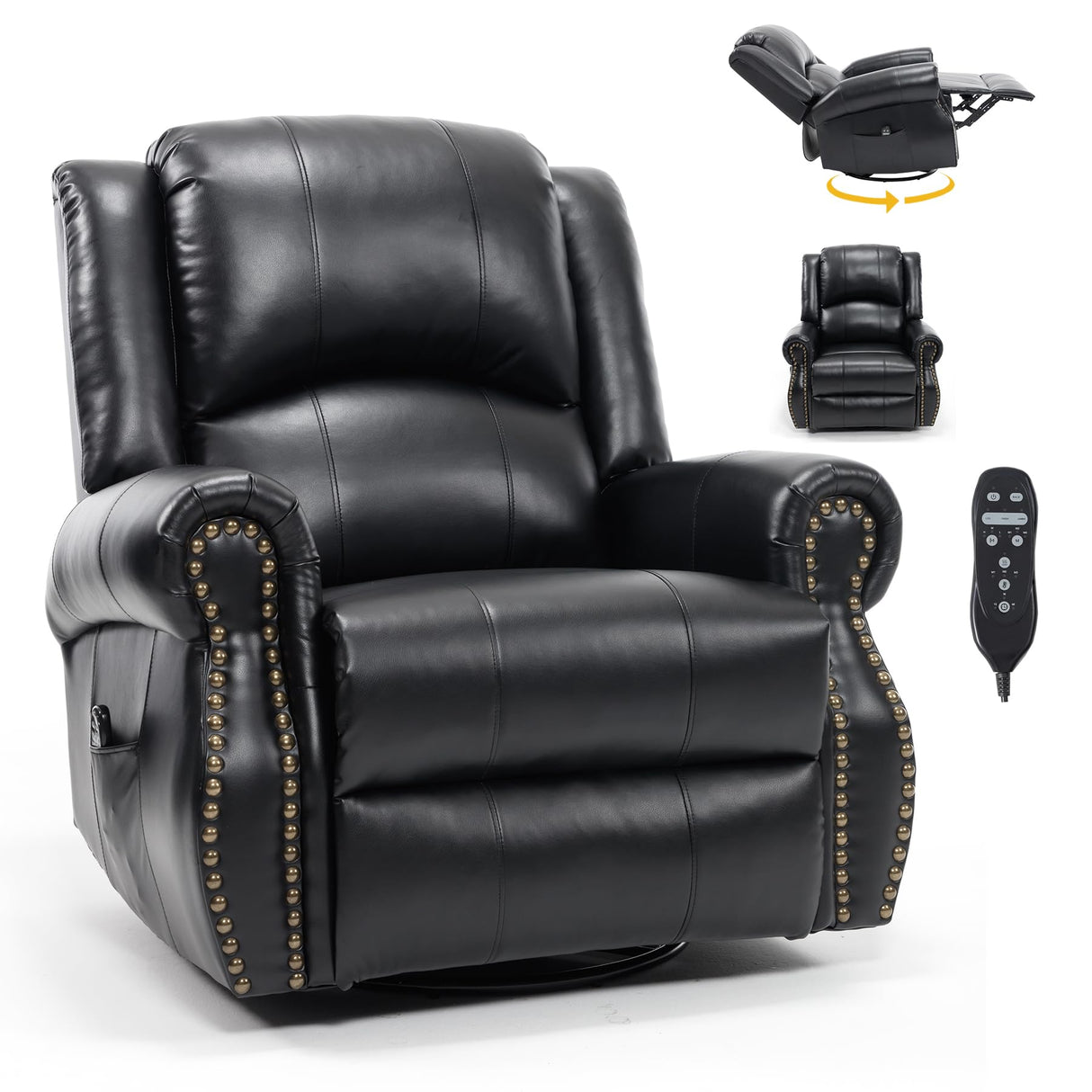 RHHVVR Classic Rivets Leather Power Recliner Chair for Living Rooms, Swivel Rocker Recliner Chair with Heat and Massage, Wall Hugger Glider Reclining Sofa for Small Spaces, Black RHHVVR