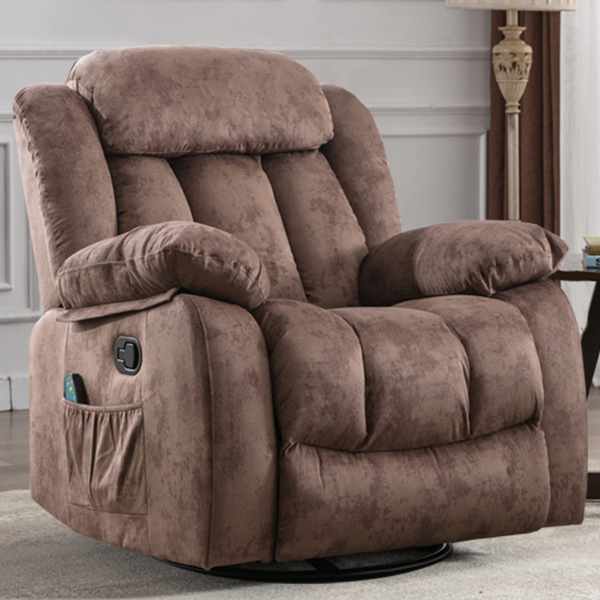 INZOY Rocker Recliner with Heat and Vibration, Manual Swivel Rocking Chair with Vibrating Massage, Comfy Padded Overstuffed Soft Fabric Heated Recliner (Brown) INZOY
