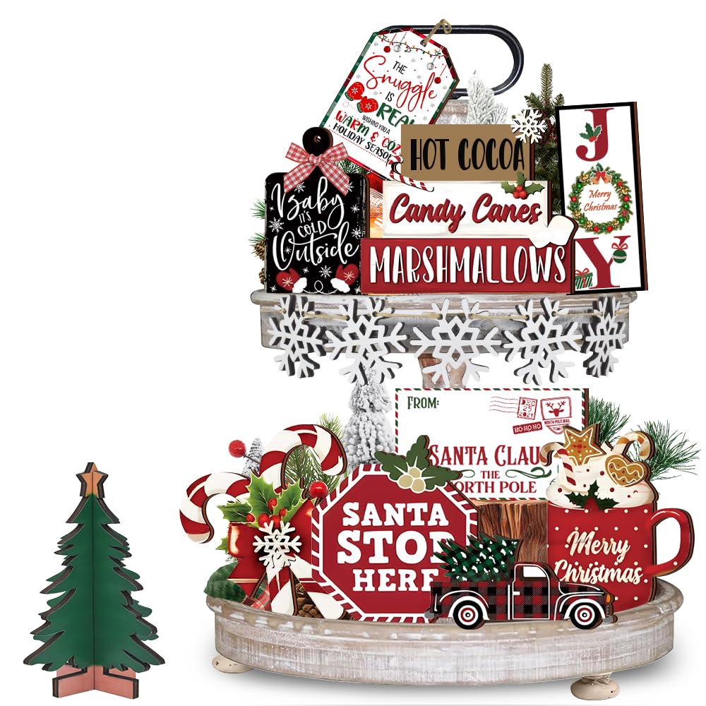 Quimoy 19 Pcs Christmas Tiered Tray Decor, Winter Tiered Tray Decorations Set Snowflake Candy Canes Xmas Tree Wooden Sign, Christmas Table Decor for Home Kitchen, Rustic Farmhouse Party Favors Quimoy
