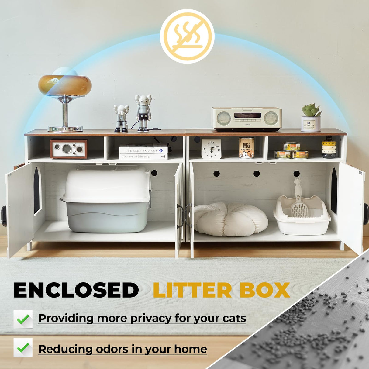 JanflyHome Double Cat Litter Box Enclosure for 2 Cats, 63" Hidden Litter Box Furniture with Outlet Power, Farmhouse Large Litter Box Cabinet TV Stand, 63 x 17.7 x 23.6 in, Antique White JanflyHome