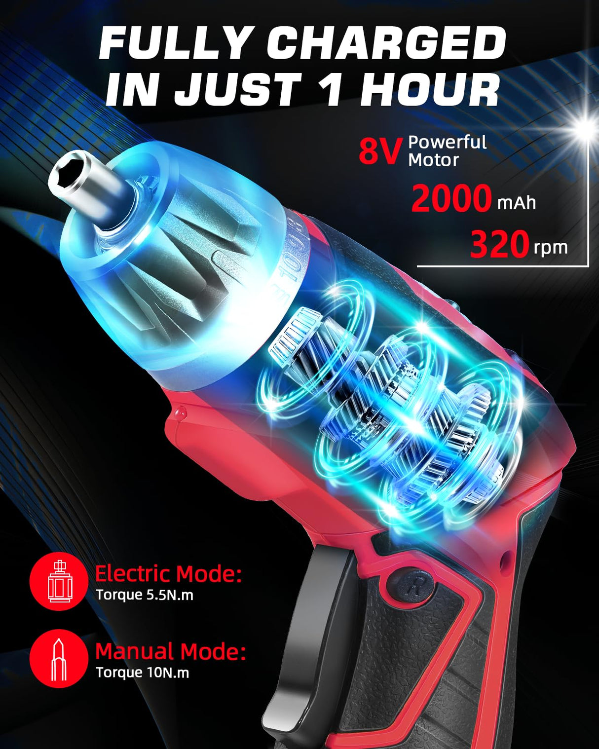 Cordless Electric Screwdriver Set, 8V Max 10Nm Rechargeable Power Electric Drill, Battery Screw Gun with 28pcs Driver Bit Set, 320RPM/10+1 Torque Setting, 2 Position Handle, Flexible Shaft LED Light DuroFort