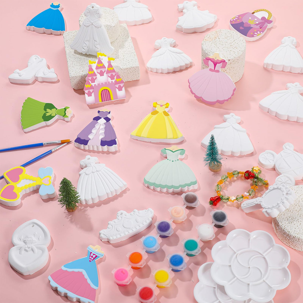 Seenelling 24 Set Princess DIY Painting Kit Ceramic to Paint Your Own Princess Dress Castle Statues Unpainted Plaster Figurines Brushes Acrylic Paints Bags Party Favor for Adults Girls Baby Shower Seenelling