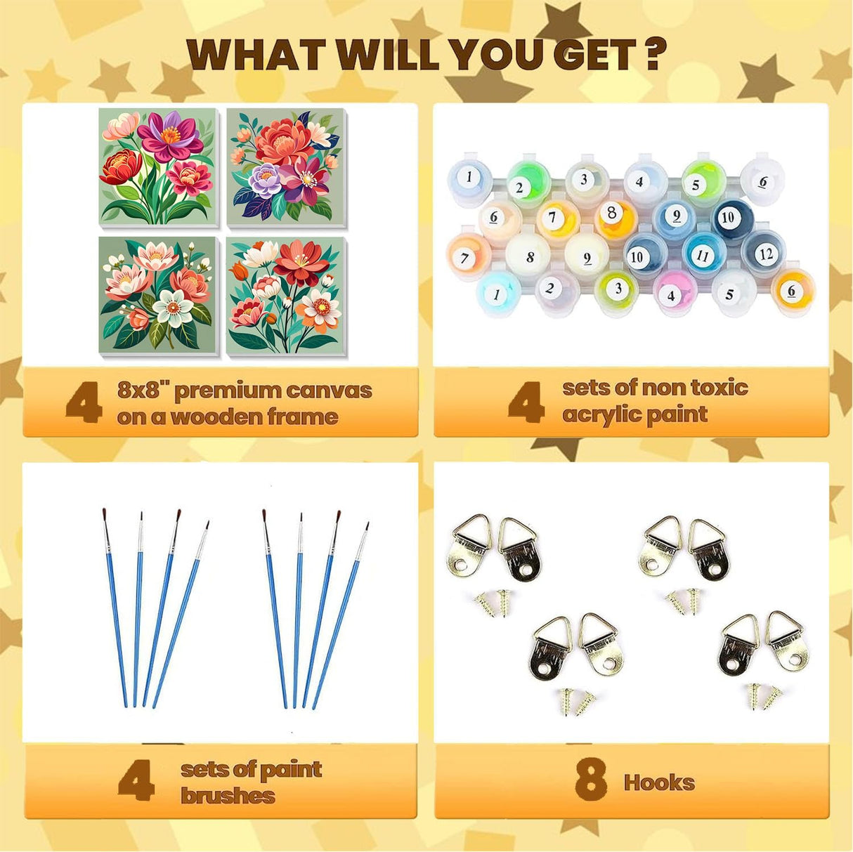 Sretoul Flowers Paint by Numbers Kit for Adults Framed 4 Pack- Flowers Paint by Numbers Kits on Canvas with Frame for Home Decor 8X8 Inch Sretoul