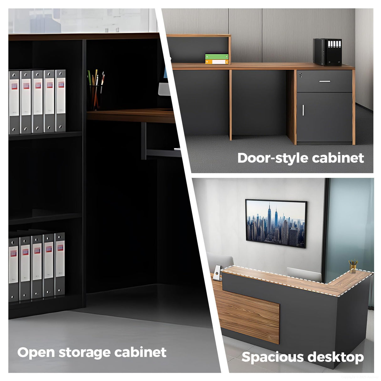 Anzhap Modern L-Shaped Reception Desk with Storage, Front Desk Reception Counter with Drawer, Storage Cabinets for Office, Lobby, Salon (European Oak+lron Gray - Left Cabinet, 102" L * 24" W * 41" H) Anzhap