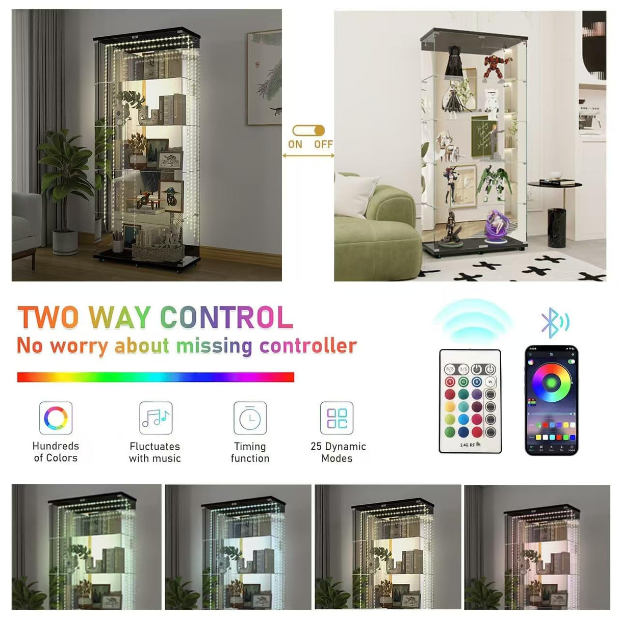 5-Shelf Glass Display Cabinet with Lights Strip and Mirror Back Panel, 2 Lock Door Curio Cabinets Collectibles Display Case, Floor Standing Glass Bookshelf for Living Room Bedroom Office, Black TehRecBT