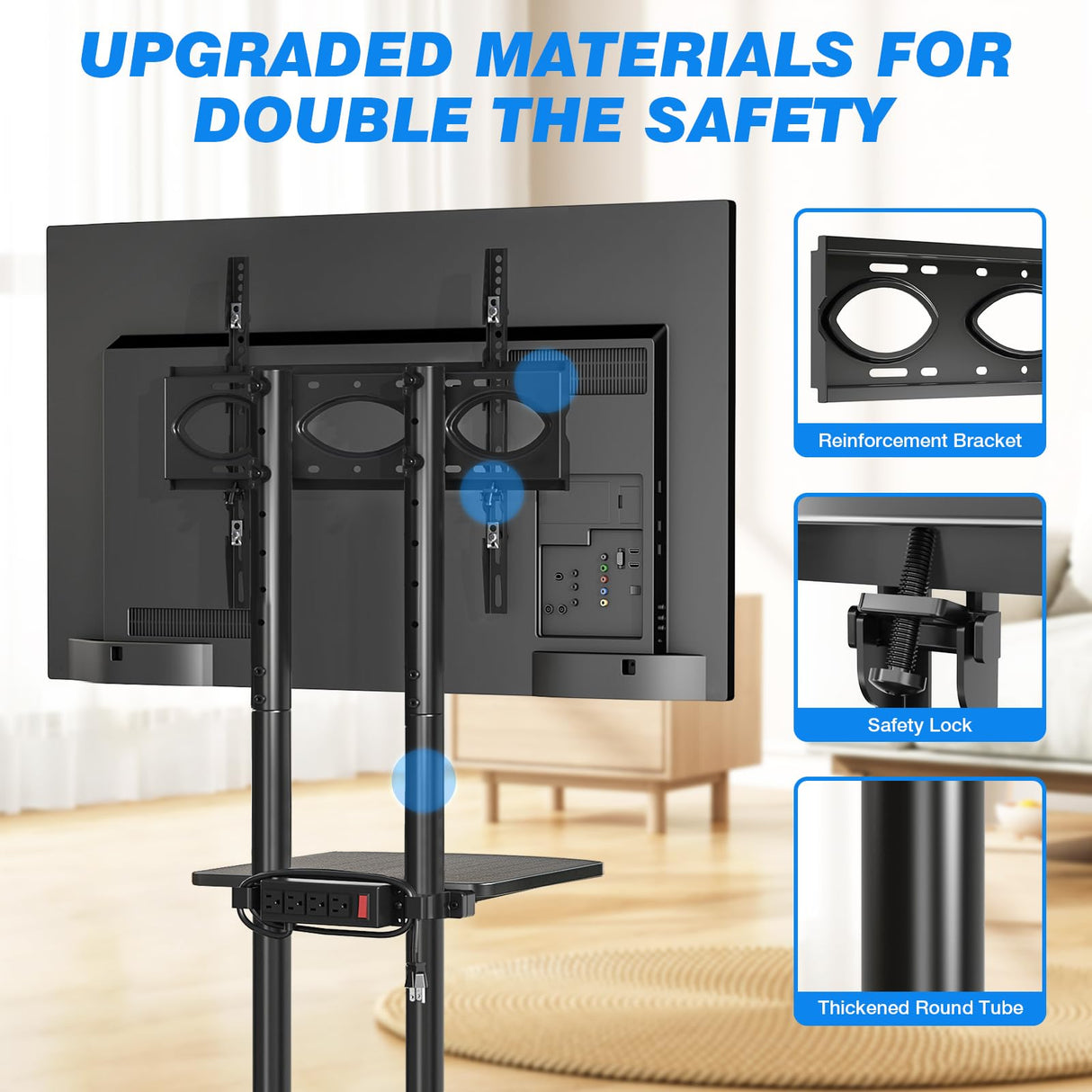 Rfiver Mobile TV Cart Rolling TV Stand with Power Outlet for 32-70 Inch Screens, Protable TV Stand on Wheels with Height Adjustment, Outdoor TV Stand Mount with Shelf Holds up to 88lbs for Home Office Rfiver