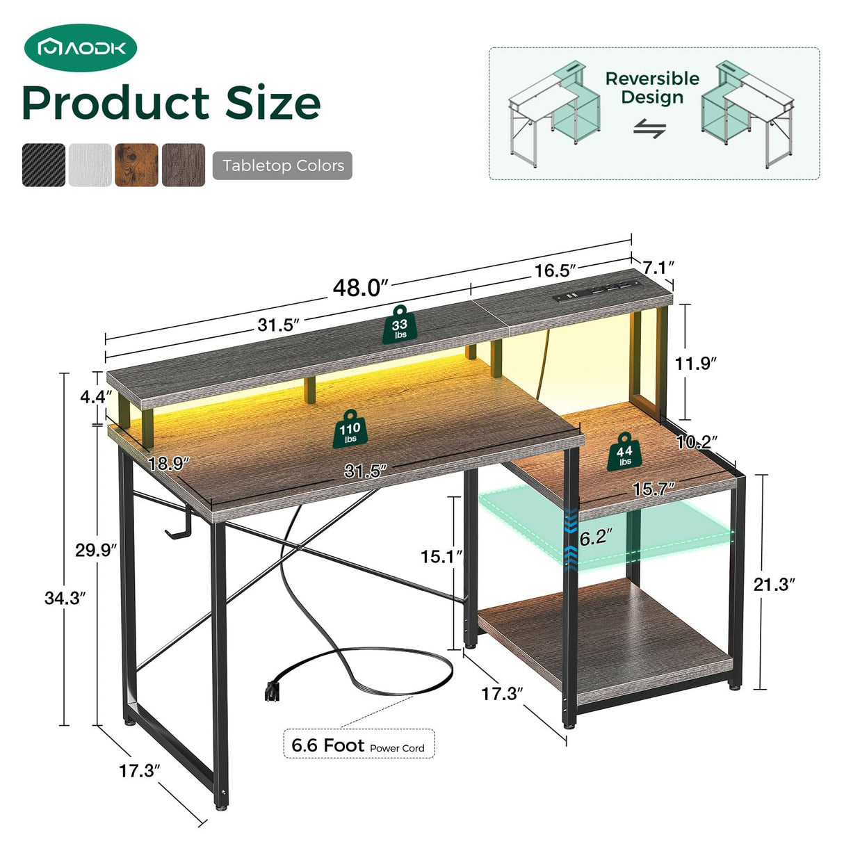 AODK Computer Desk, 48 Inch Gaming Desk with Led Lights & Power Outlet, Office Desk with Printer Storage Shelves, Reversible Desk with Monitor Shelf & Headphone Hook, Grey Oak AODK