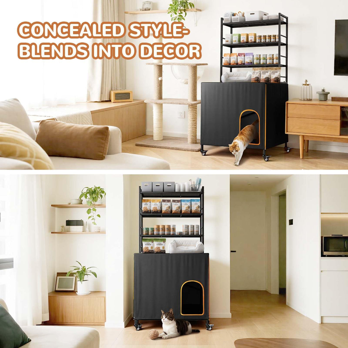 Lekereise Cat Litter Box Enclosure, Large Hidden Litter Box Furniture with Removable Waterproof Cover, Kitty Litter Box Furniture with 3-Tier Adjustable Shelves Storage and Wheels (70.87”H, Black) Lekereise