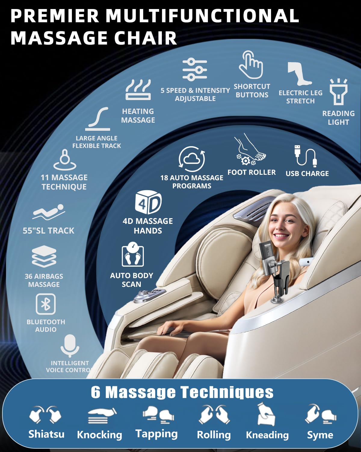 RelaxRelife 4D Full Body Massage Chair with Flexible 166° Track, Reading Light, 18 Massage Modes, 11 Techniques, 36 Airbags, Zero Gravity Recliner with Yoga Stretch and Foot Massage Beige RelaxRelife