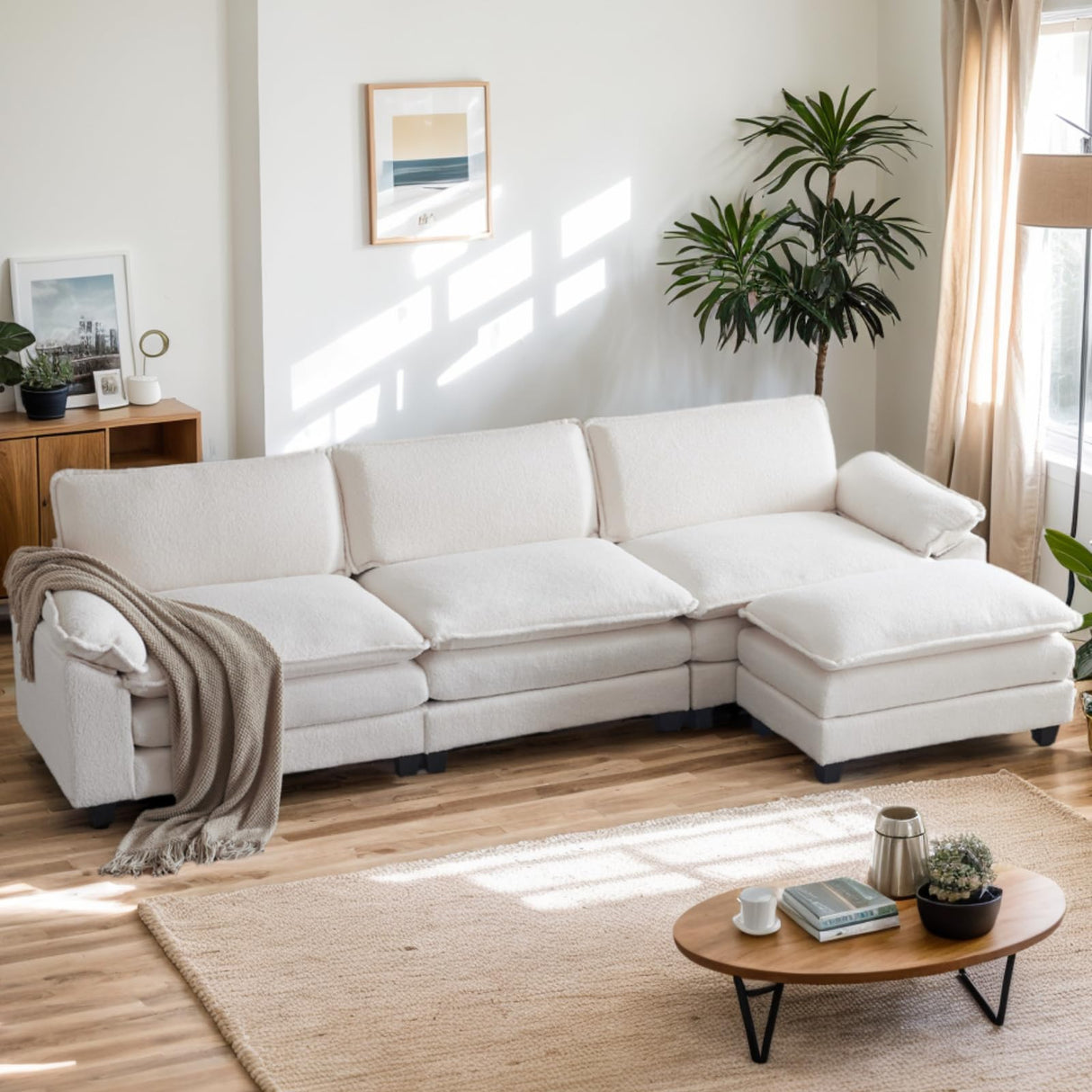 Karl home Sectional Sofa Modular Deep Seat Sofa Couch with Ottoman, Teddy Fleece Sofa Sleeper Comfy Upholstered Furniture for Living Room, Apartment, Studio, Office, (3-Seat & 1-Ottoman, White) Karl home