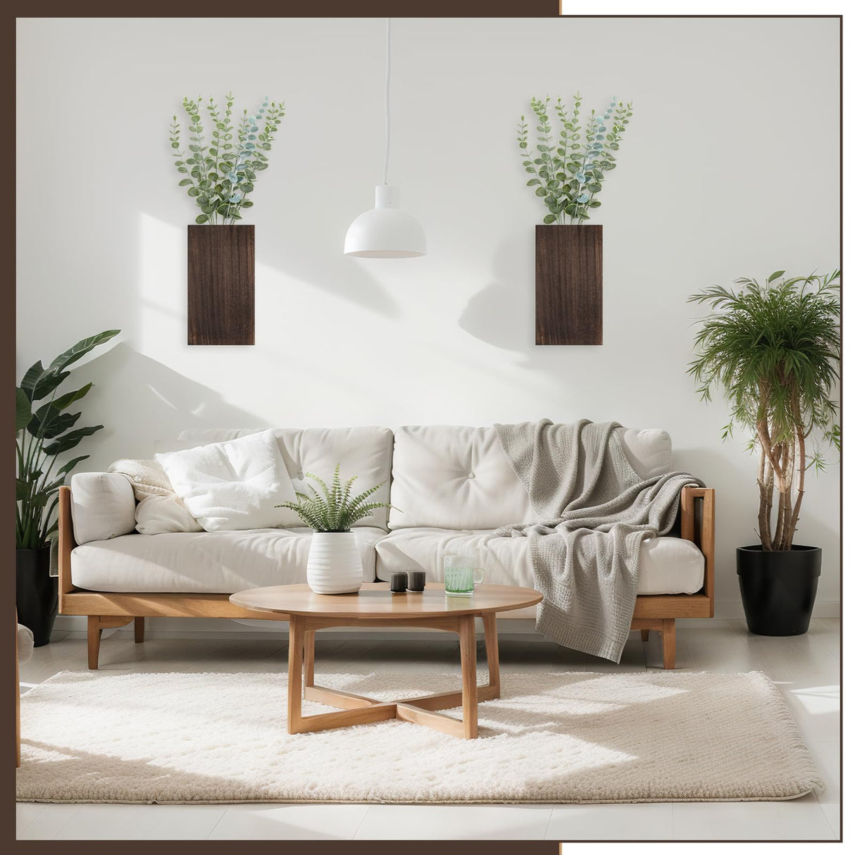 Vesici 2 Pack Wood Wall Planter Vase with Artificial Plants Indoor Plants Holder Pocket Farmhouse Wooden Vases Wall Flower Vase Hanging Plant Decor for Bedroom Kitchen Office Home (Wood,Eucalyptus) Vesici