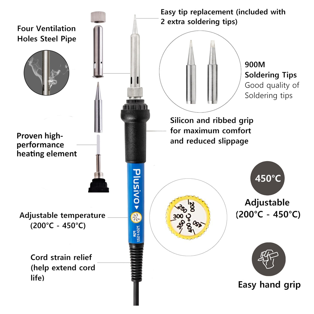 Soldering Iron Kit, 60W Soldering Iron, 2 Soldering Iron Tips, 14-in-1 Adjustable Temperature, Solder Wire, Desoldering Pump, Stand, Fast Heating for Electronics Repair Hobby DIY 120V US Plug Plusivo