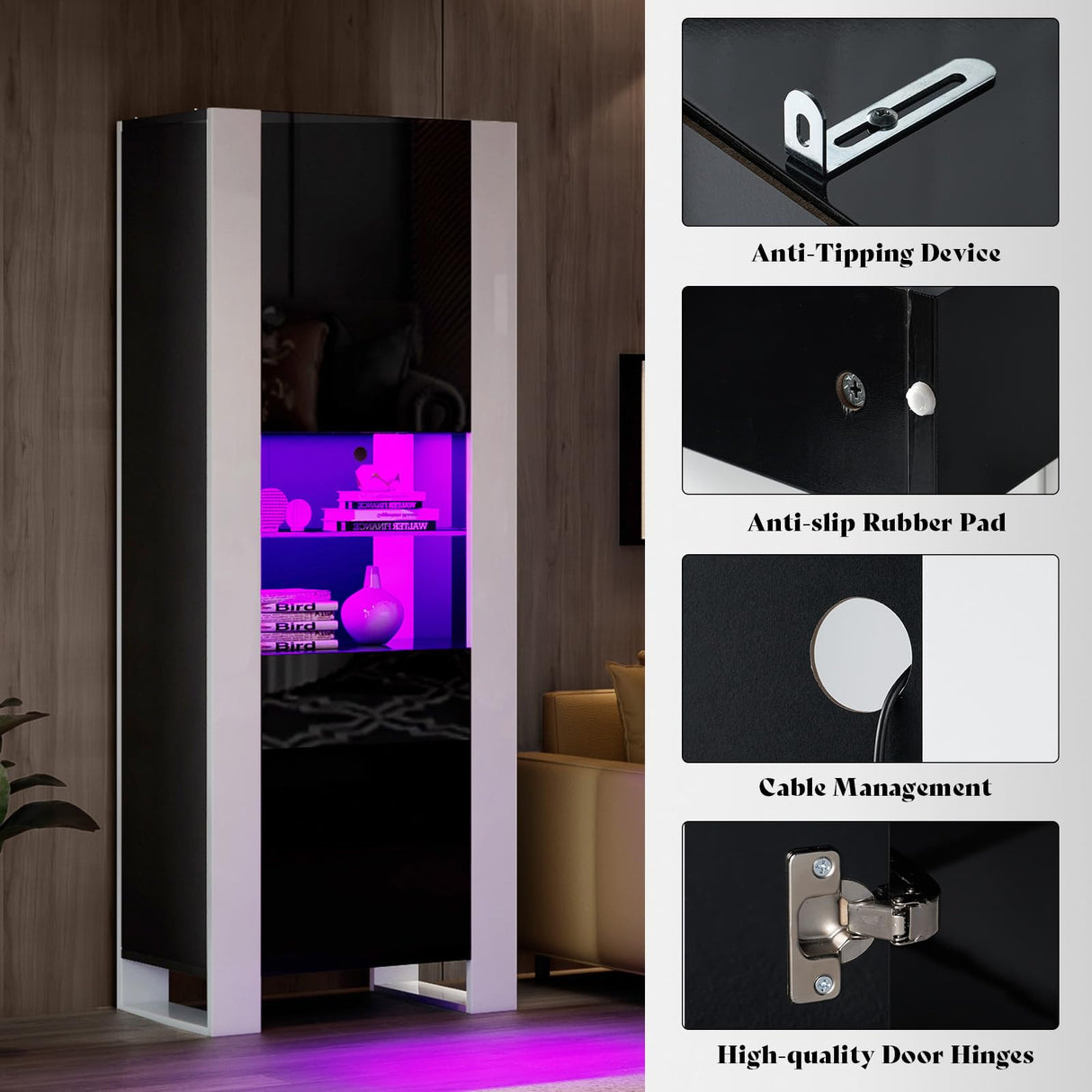 AMERLIFE Modern LED Bookcase, 68in Storage Cabinet with 6 Tiers for Storage & 3 Adjustable Shelves, High Glossy Display Case for Living Room, Home Office, Study Room, Black AMERLIFE