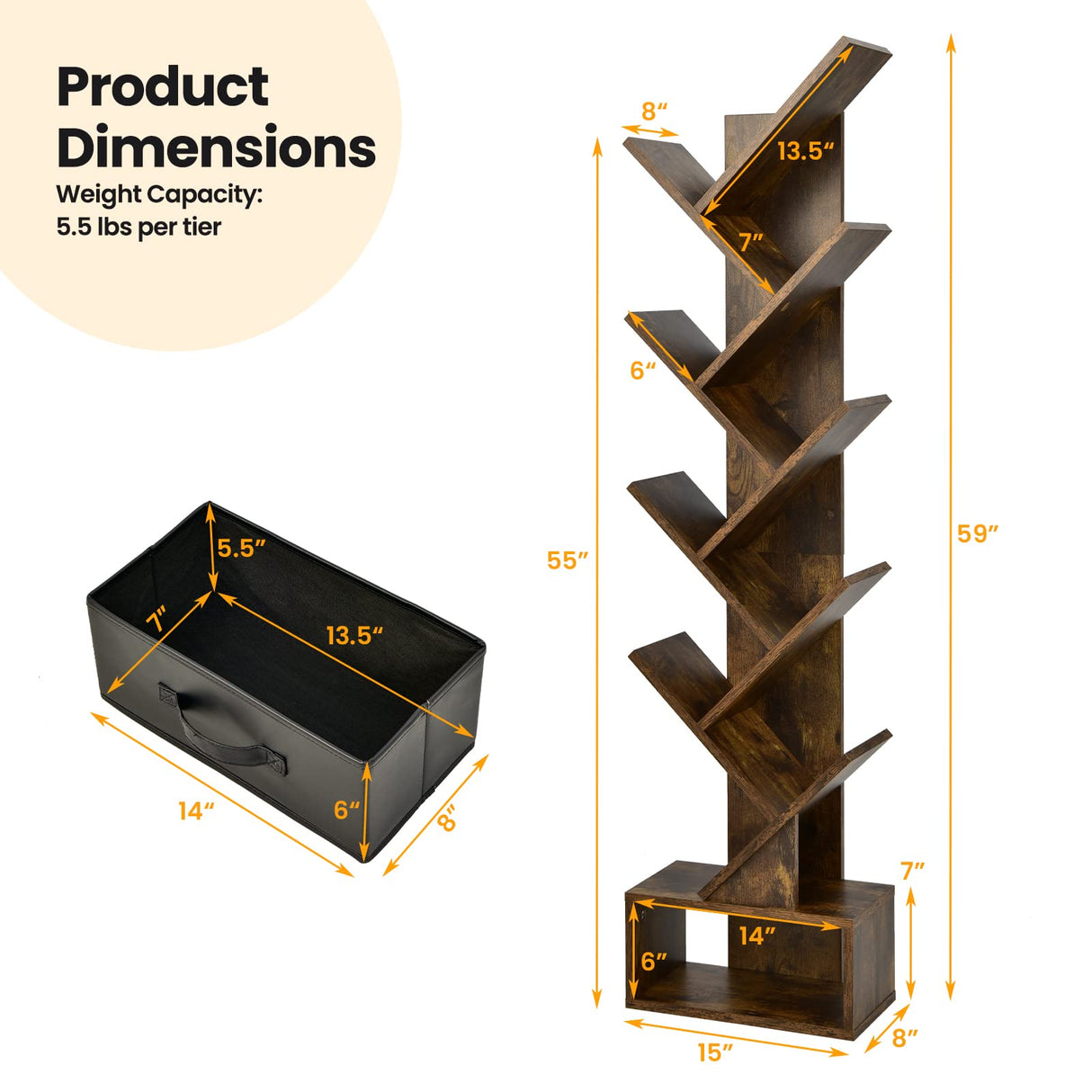 Giantex Tree Bookshelf with Drawer, 10 Shelf Space Saving Rustic Brown Wooden Bookcase, Freestanding Retro Wood Storage Rack, Decorative Bookshelf with Storage Giantex