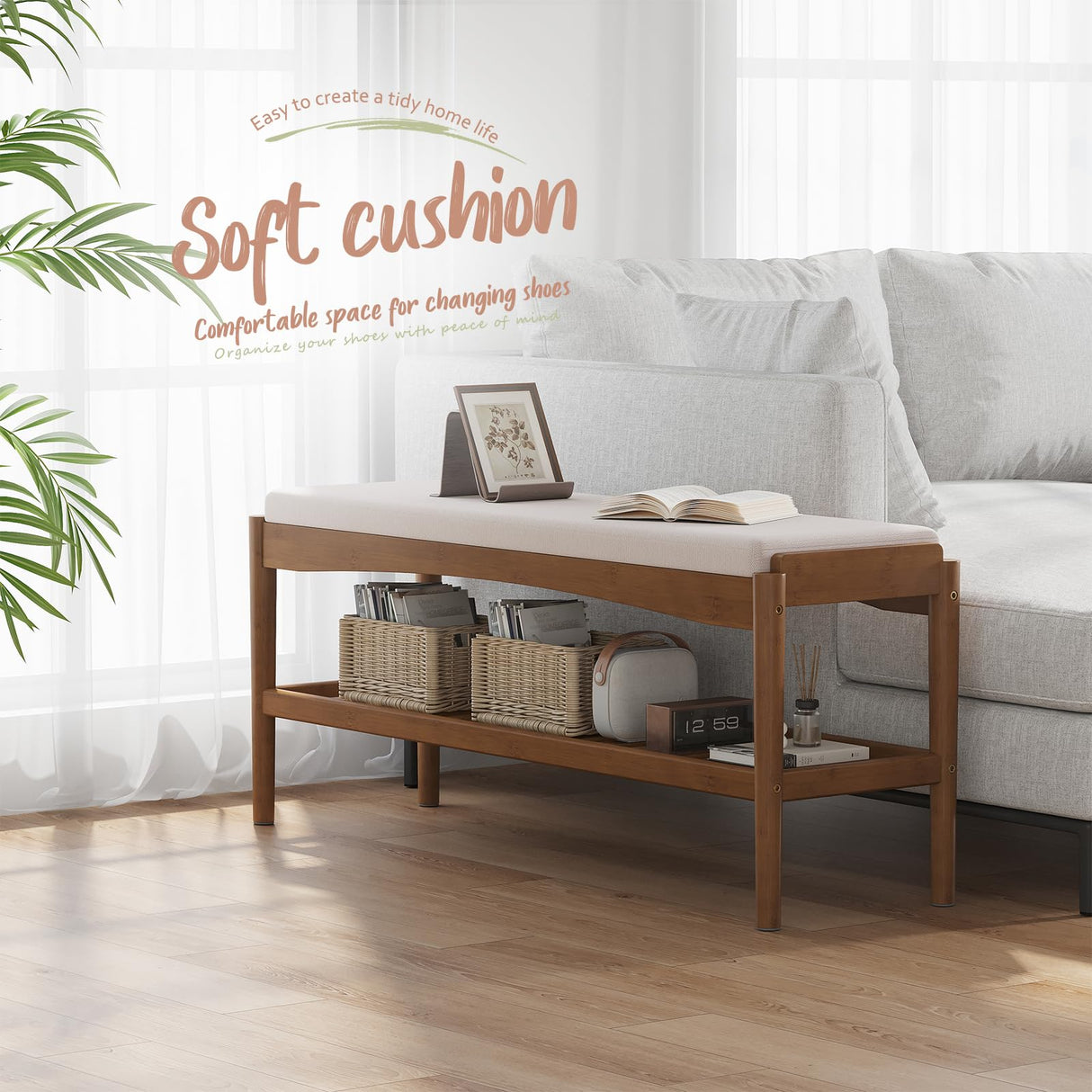 STDDRE Shoe Bench Entryway Bamboo 2-Tier Shoe Rack with Cushion Padded Seat Shoe Bench Organizer Stable for Entry, Hallway, Living Room, Bedroom, Closet (39.4 * 11.4 * 16.5IN, Brown-Beige) STDDRE