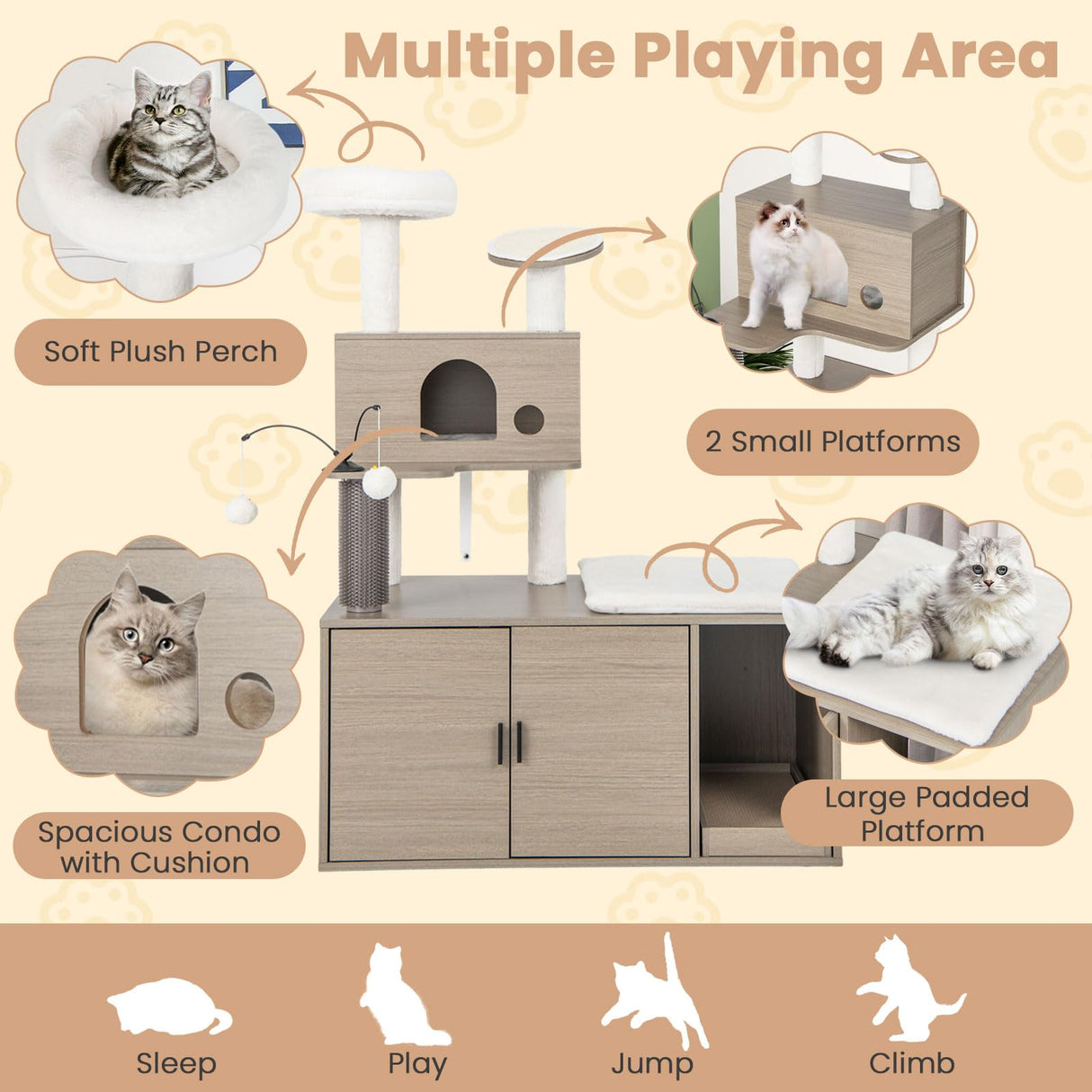 Tangkula Cat Tree with Litter Box Enclosure, Cat Tower with Litter Box, Cat Condo, Scratching Board, Soft Plush Perch, Dangling Balls, Groomer, Modern Hidden Litter Box Furniture for Indoor Cats Tangkula