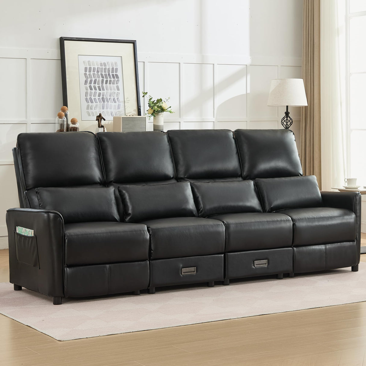DRMBOOK 96'' RV 4 Seater Recliner Sofa, Faux Leather Three Camper Couch 4 Seater Recliner, Home Movie Theater Seating Chair, 4 Person Push Back Recliners for Living Room, Black DRMBOOK
