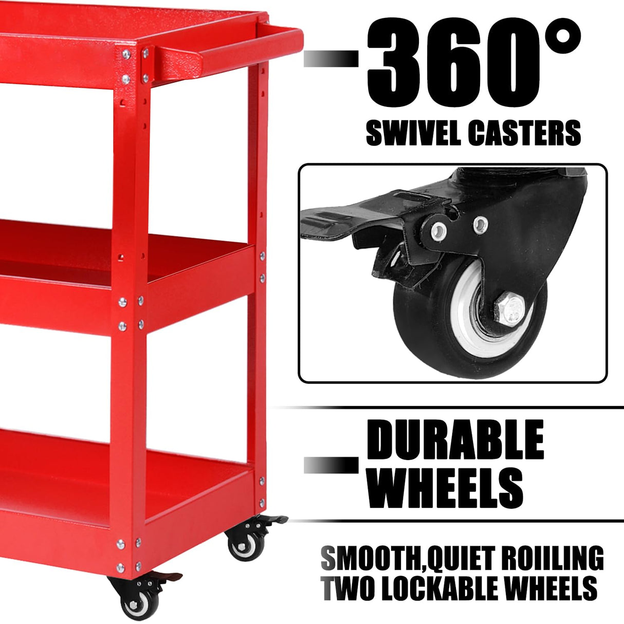 BRLJUNEO Tool Cart on Wheels, 3 Tier Rolling Mechanic Tool Cart, Heavy Duty Steel Utility Cart w/Lockable Wheels, 450 LBS Capacity Industrial Service Cart for Garage, Warehouse, Workshop (Bright Red) BRLJUNEO
