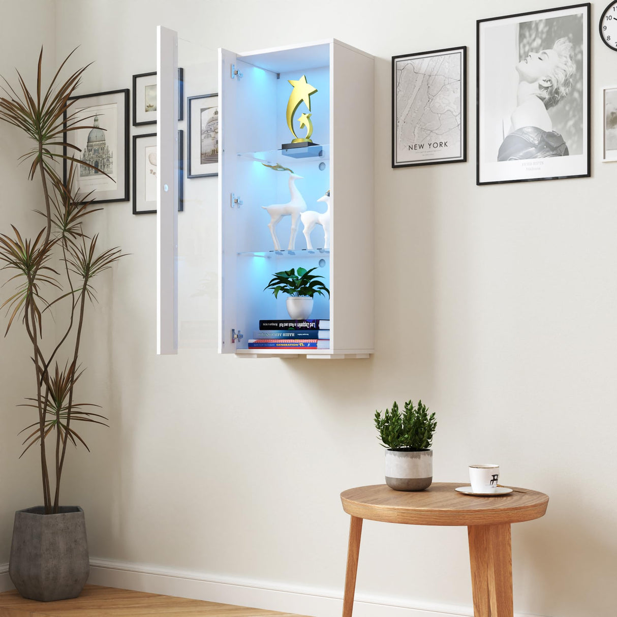 Pvillez 39" LED Display Cabinet with 3 Glass Shelves & 1 Door, Modern Wall-Mounted Curio Cabinet Display Case Storage Cabinet, High Gloss Floor Standing Bookshelf for Living Room Bedroom (White) Pvillez