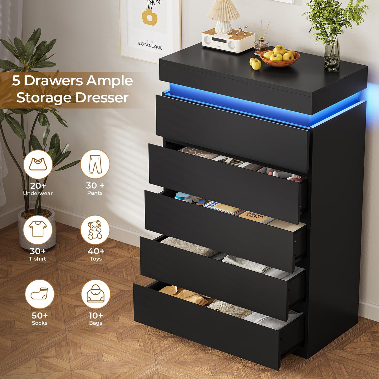 BTHFST 5 Drawers Black Tall Dresser with LED Lights, Modern Tall LED Organizer for Bedroom, Wooden Tall Chest of Drawers with Large Capacity for Bedroom, Closet, Hallway BTHFST