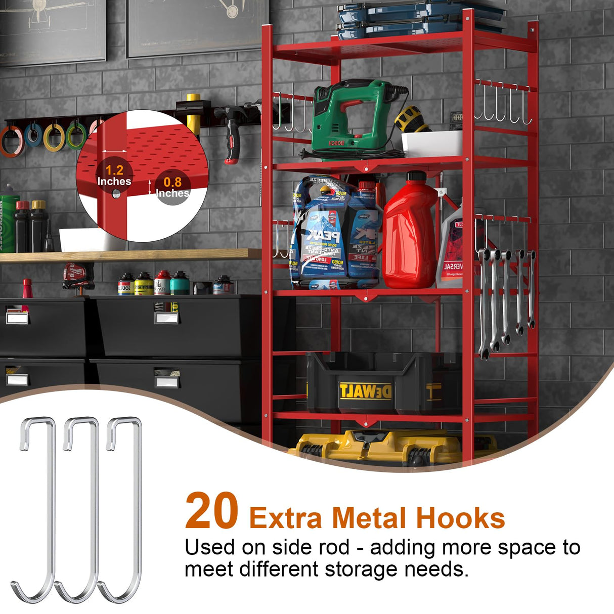 Storage Shelves with 20 Hooks, 5-Tier Foldable Shelves for Storage, Folding Utility Shelf Unit Pantry Shelves with Wheels, Metal Shelving Unit Rack for Kitchen Garage Home Office Room - No Assembly Himix