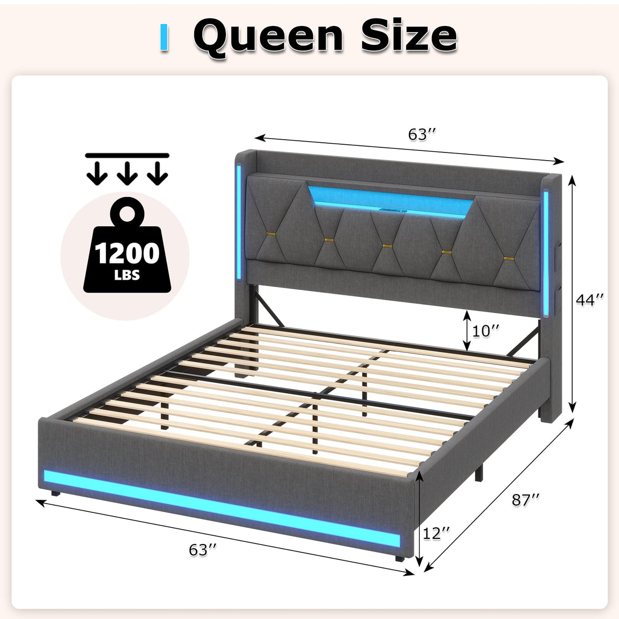 busyaeh Queen Bed Frame with Storage Headboard, Metal Bed Frame with LED Lights & Charging Station, Upholstered Queen Bed with Marshmallow Headboard, No Box Spring Needed, Easy Assembly,Dark Gray busyaeh