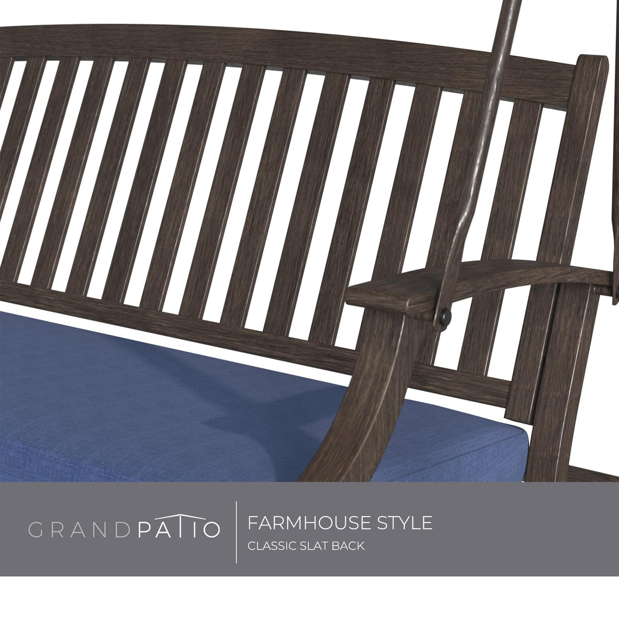 Grand Patio Porch Swing, Outdoor 2-Seat Patio Swing Chair, Adjustable Tilt Canopy, with Removable Cushion, Weather Resistant Powder Coated Painted Woodgrain Frame, Farmhouse Style-Dark Blue Grand patio