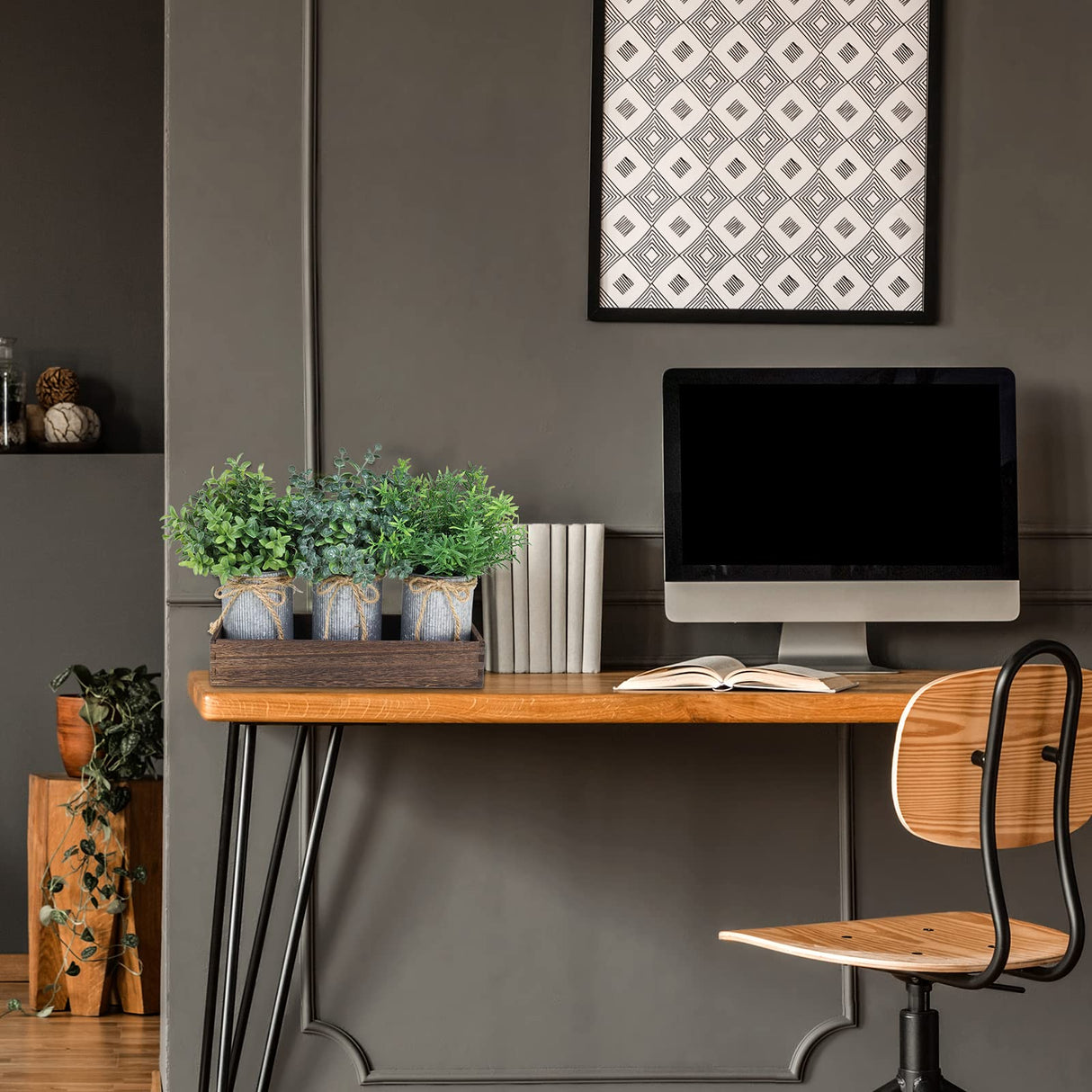 Set of 3 Mini Potted Plants Arrangement Faux Boxwood Eucalyptus Rosemary Plants in Rustic Galvanized Metal Pots with Rectangle Wood Box for Farmhouse Table Centerpiece Mantel Kitchen Greenery Decor Winlyn