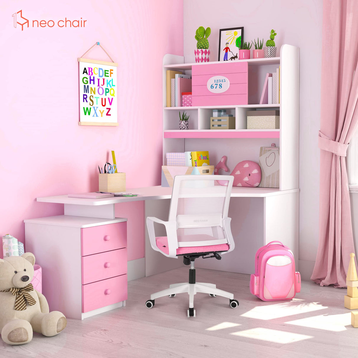 NEO CHAIR Office Desk Chair Ergonomic Mid Back Mesh with Lumbar Support Comfy Cushion Swivel Adjustable Height Gaming Chairs for Home Office (Pink) NEO CHAIR