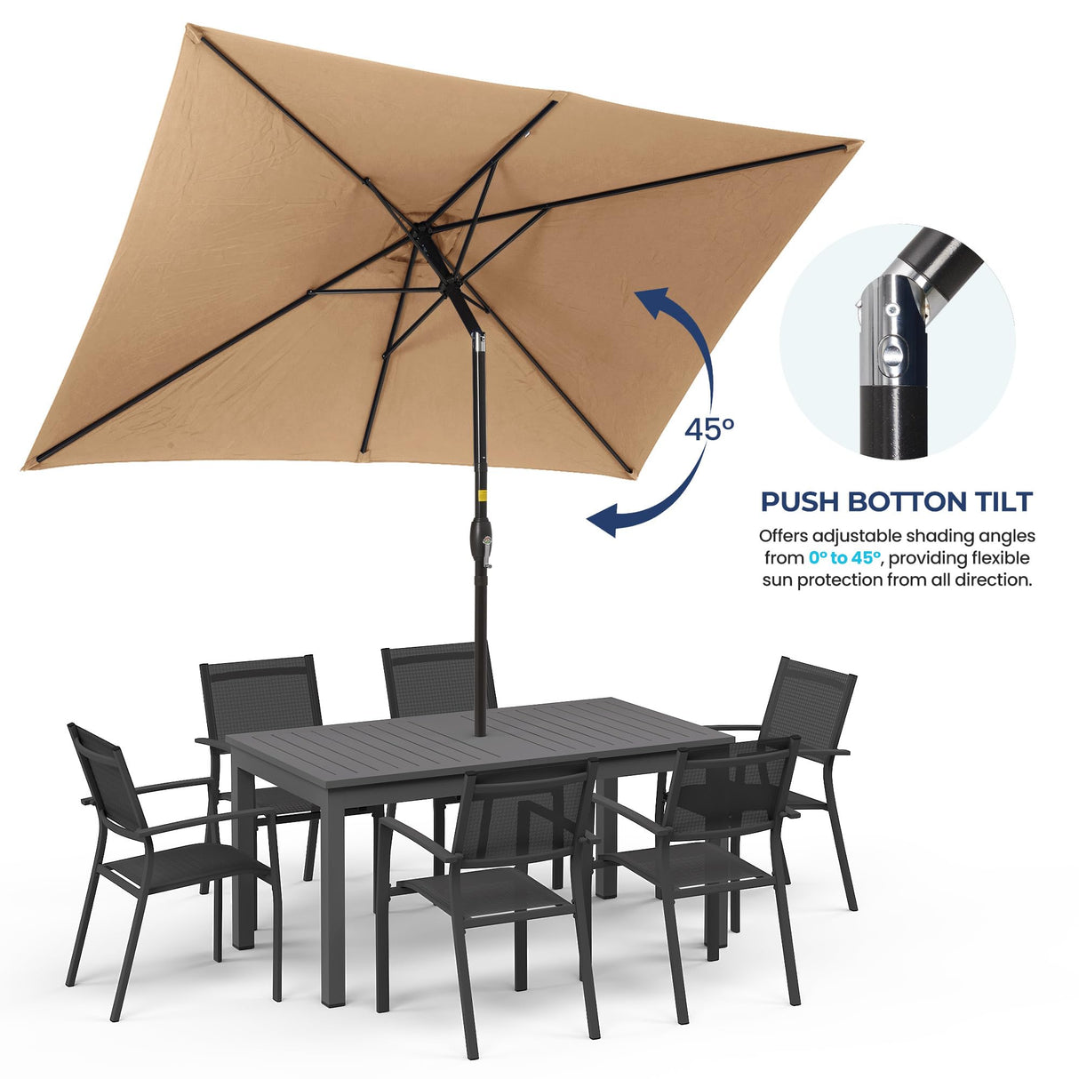 SUNVIVI OUTDOOR 6.5 x 10 Ft Rectangular Patio Umbrella Aluminum Pole, Outdoor Table Market Umbrella with Crank, 6 Steel Ribs, Polyester Canopy, Light Brown SUNVIVI OUTDOOR
