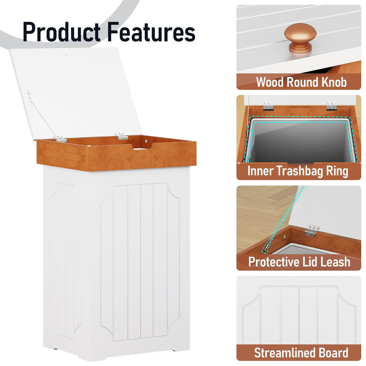 Function Home Trash Can Cabinet, 13 Gallon Kitchen Garbage Can, Wooden Recycling Trash Bin, Dog Proof Trash Can, Trash Cabinet with Lid for Home Kitchen Bathroom, White Function Home