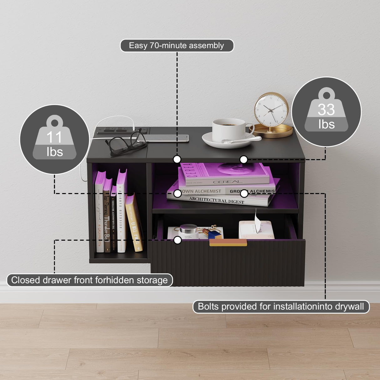 Veegle Black Floating Nightstand with Charging Station and LED Lights,Black Veegle