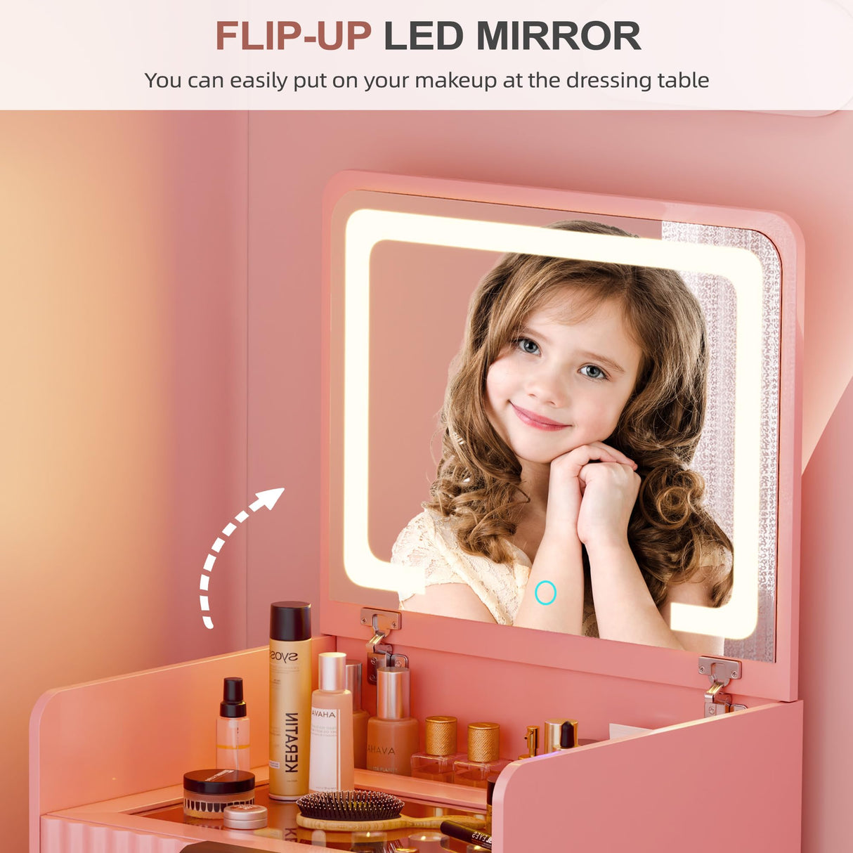 Lvifur 3 in 1 Small Vanity Desk with Plip Top Mirror,Makeup Vanity Set with Visible Glass Desktop,Compact Vanity with 3 Drawers,Storage Compartment and Padded Stool,Dressing Table for Bedroom,Pink Lvifur