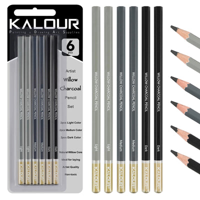 KALOUR PDAS Professional Willow Charcoal Pencil Set - 6 Premium Pencils (Light to Dark Shades) for Drawing, Sketching & Shading, Artist-Grade Tools for Beginners & Professionals