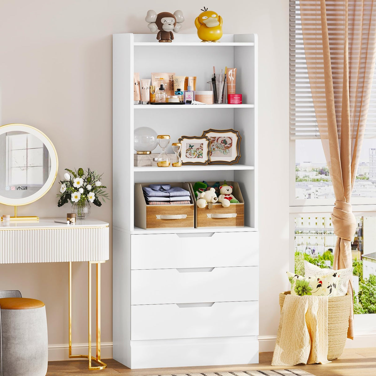 Hasuit Tall Bookshelf with Drawers Bookcase with 3 Drawers and 3-Tier Open Shelves Tall White bookshelf with Anti-Tipping Kits Wood bookshelf with Storage for Study Living Room Kitchen Bathroom, White Hasuit
