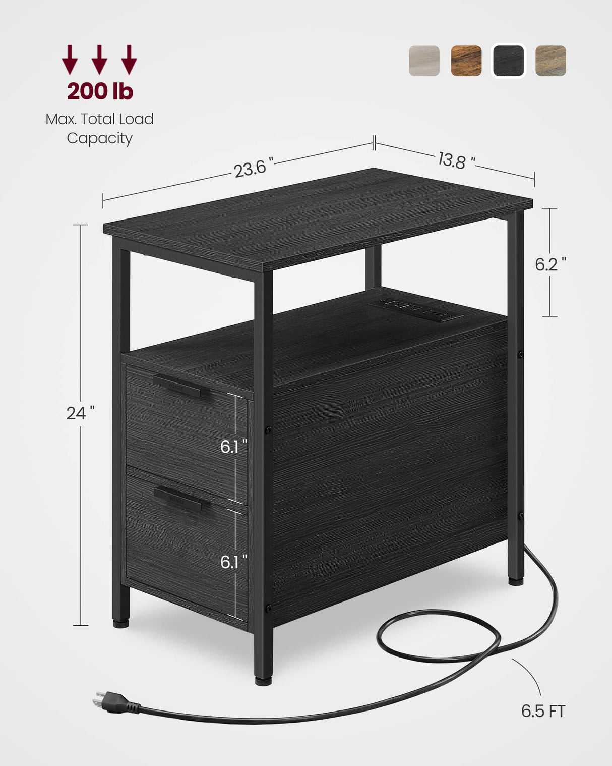 VASAGLE Side Table with Charging Station, Narrow End Table with 2 Drawers, Slim Nightstand and Bedside Table with Storage, for Small Spaces, Black ULET321B22 VASAGLE