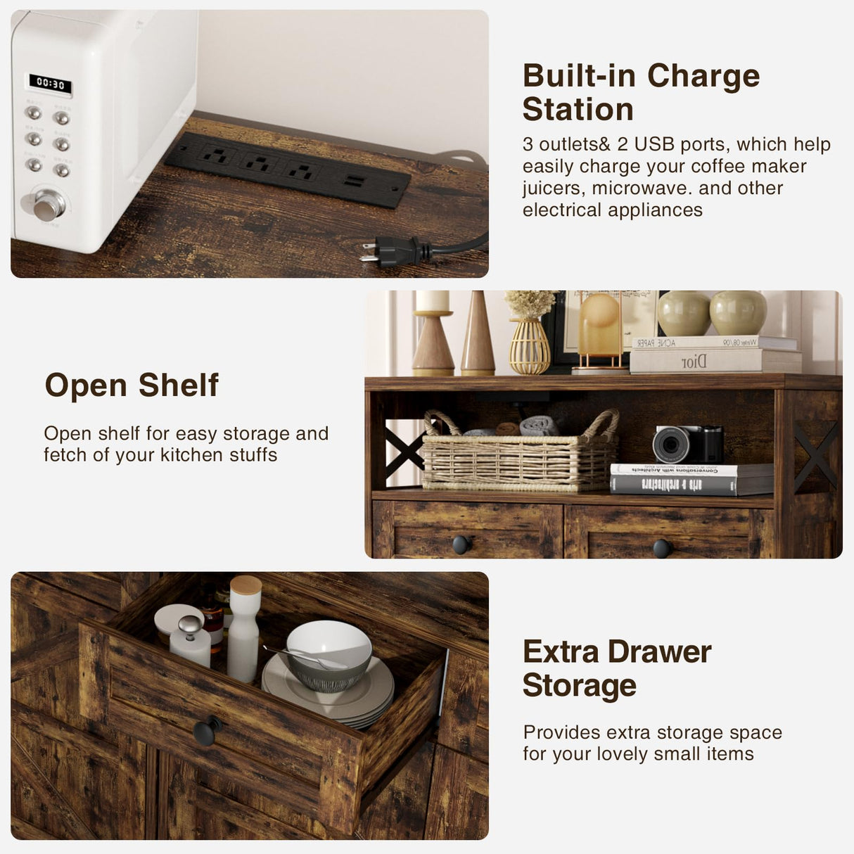 31.5" Rustic Brown Storage Cabinet with Doors and Drawers, Farmhouse Sideboard Buffet Cabinet with Storage, Kitchen Pantry Hutch Cabinet, Coffee Bar Station Table for Kitchen, Livingroom, Dining Room FiveWillowise