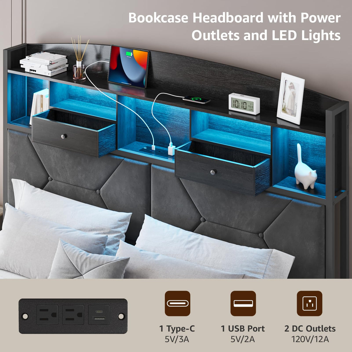 DOGIBIXO Queen Size Black Bed Frame with 4 Storage, Upholstered Velvet Platform Bed Frames with Button Tufted Headboard Led Lights, Wooden Slats Support, No Box Spring Needed, Black DOGIBIXO