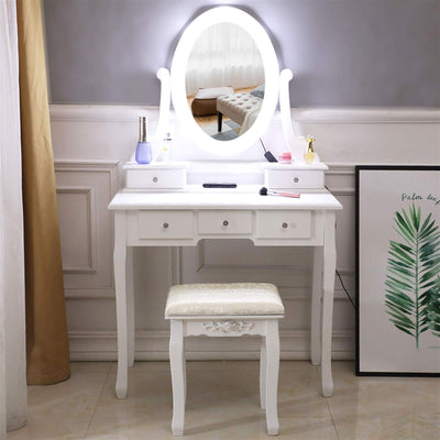 COVMAX Vanity Table Set with Lighted Mirror, Makeup Dressing Table and Cushioned Stool Set with 5 Large Drawers for Women Girls