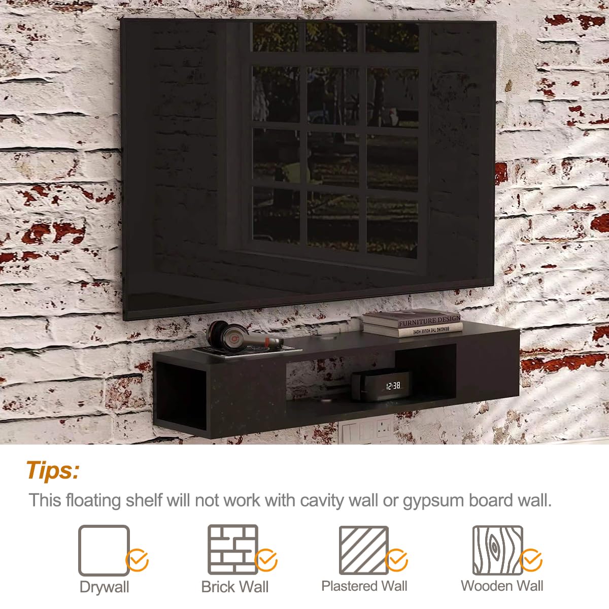 GHC Floating TV Stand, Wall Mounted Entertainment Center and Cabinet Shelf, TV Console with Storage,Media Console for DVD Player, Space-Saving Under TV Shelf for Bedroom, Living Room (Black) GHC