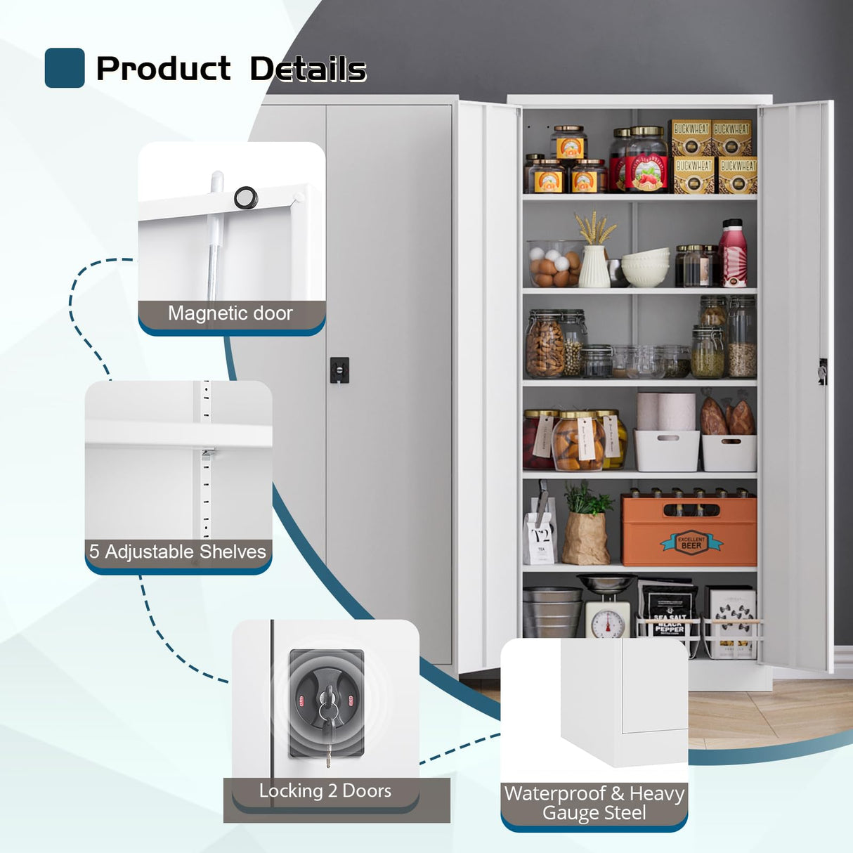 White Storage Cabinet with Locking Doors, 72" Tall Metal Cabinet with 5 Adjustable Shelves for Pantry, Office, Locking 2 Door File Storage Cabinets, 18" Deep Home Office Kitchen Pantry Cabinets MIIIKO