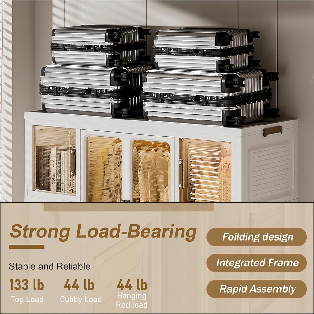 Portable Wardrobe Closet, Plastic Wardrobe with Magnetic Transparent Door, 8 Cubes & 2 Hanging Rod, Easy Assemble Clothing Storage, Collapsible Closet Organizer for Living Room Bedroom CuisinSmart